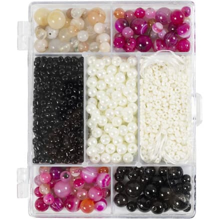 DIY Mix Smycken, Agat, stl. 2,6-10 mm, Hålstl. 0,8-1,8 mm, ca. 2740 st., beige, svart, rosa, vit, pärlemor, 1 förp.