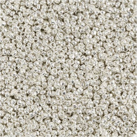 Rocaillepärlor, Dia. 1,7 mm, stl. 15/0, Hålstl. 0,5-0,8 mm, silver metall, 25 g/ 1 förp.