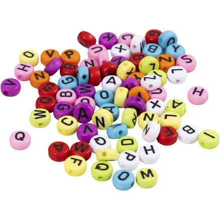 Runda bokstavspärlor, Dia. 7 mm, Hålstl. 1-2 mm, ca. 200 st., mixade färger, 25 g/ 1 förp.