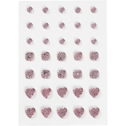 Rhinestones, (rund, fyrkant, hjärta), stl. 6+8+10 mm, rosa, 35 st./ 1 förp.
