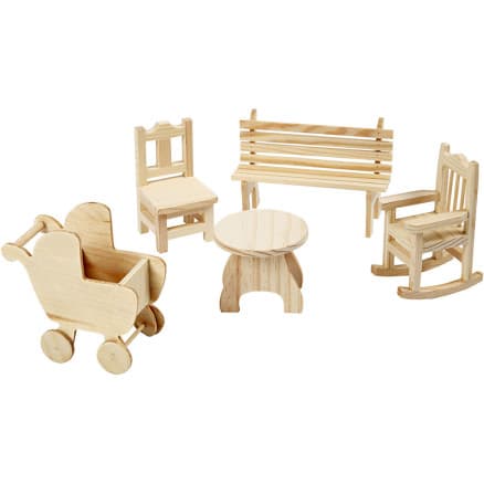 Minimöbler, stol, bänk, gungstol, bord, barnvagn, H: 5,8-10,5 cm, 50 st / 1 frp.