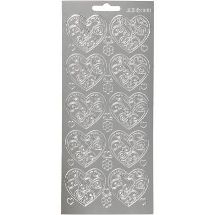 Stickers, hjärtan, ark 10x23 cm, silver, 1 ark