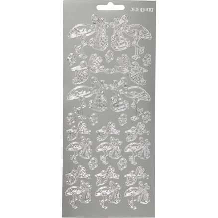 Stickers, stork med baby, ark 10x23 cm, silver, 1 ark