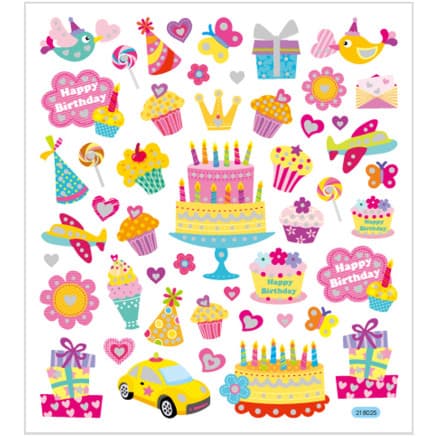 Klistermärken, födelsedag, ark 15x16,5 cm, ca. 49 st., 1 ark