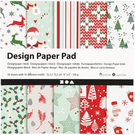 Designpapper, ark 15,2x15,2 cm, jul, 120 g, grön, röd, vit, 50 ark/ 1 förp.