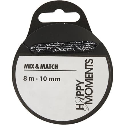 Satinband med tryck, B: 10 mm, svart, 8 m/ 1 rl.