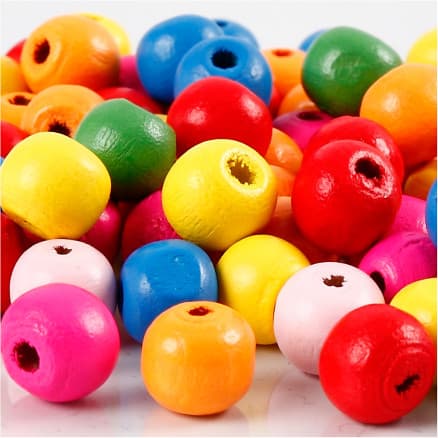 Träpärlor, Dia. 10 mm, Hålstl. 2,5-3 mm, ca. 70 mix., mixade färger, 22 g/ 1 förp.