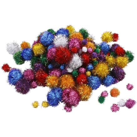 Pompoms,pompong, Dia. 15-40 mm, glitter, ca. 90 st., starka färger, 62 g/ 1 förp.
