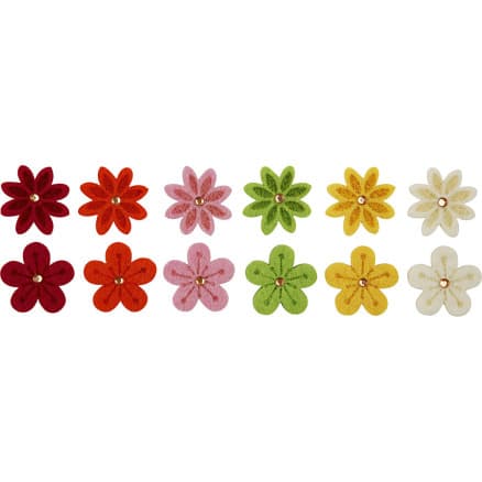 Filtblommor med strasstenar, diam. 30 mm, tjocklek 2,5 mm, 12 st / 1 frp.
