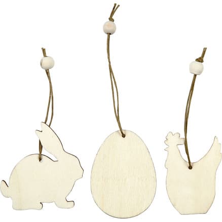 Trädekorationer, kanin, ägg, höna, stl. 6 cm, tjocklek 3 mm, 9 st./ 1 förp.