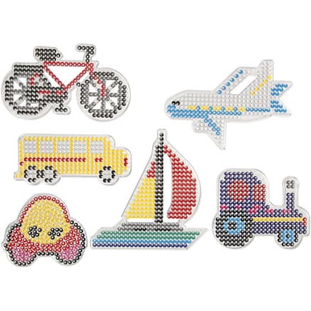 P�rlplattor, bil, flygplan, b�t, traktor, buss och cykel, stl. 9x9,5+11x16 cm, medium, 6 st./ 1 f�rp.