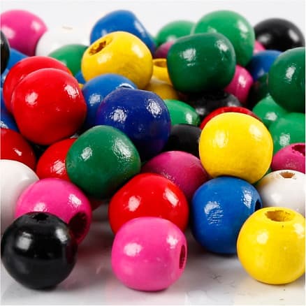 Träpärlor, Dia. 12 mm, Hålstl. 3 mm, ca. 40 mix., mixade färger, 22 g/ 1 förp.