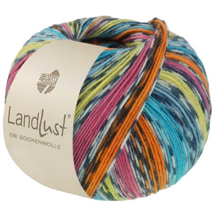 Lana Grossa Landlust Sockenwolle Garn 825 Orange/Pink/Pistachio/Turkos/Petrol Blue/Raw White/Mörkgrå