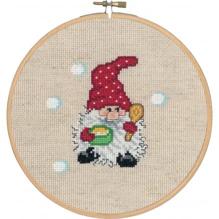 Permin Broderikit Aida Tomte med Gröt m. Ram Ø18cm