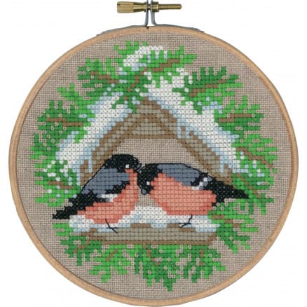 Permin Broderikit Flax Bullfinch med ram Ø13cm