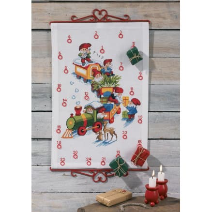 Permin Broderikit Aida Julkalender Tåg och Tomtar 35x54cm