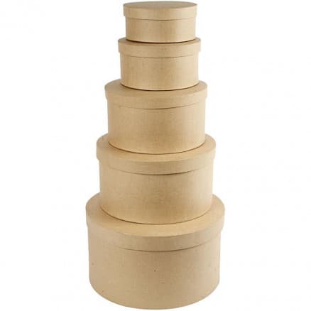 Runda hattaskar, dia. 16,5+18,5+24+28,5+35,5 cm, H: 8+10+13+15+19 cm, 5 st.