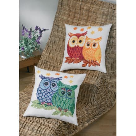 Permin Broderikit Aida Kudde Ugglor Röd/Gul 42x42cm