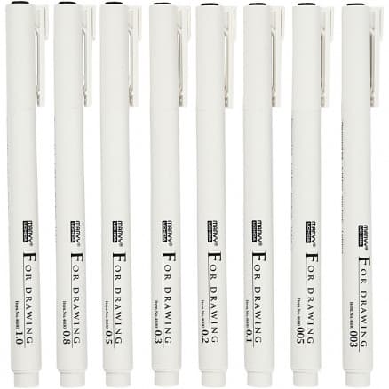 Fine Line skriv/rittusch, spets: 0,03+0,05+0,1+0,2+0,3+0,5+0,8+1,0 mm, 8 st., svart