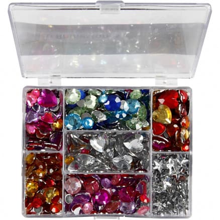 Rhinstenar / Strass i ask, dia. 6+7+9+10+11+12+14+16 mm, utv. mått 16,4x9,2x1,5 cm, 300 st., blå, silver, rosa