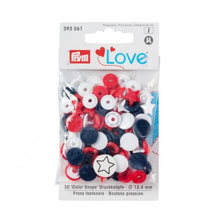Prym Color Snaps Tryckknappar Plast Stjärna 12,4mm Ass. Röd/Vit/Navy - 30 st.