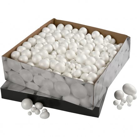 Bollar och ägg, storlek 1,5-6,1 cm, vit, Frigolit, 550st.