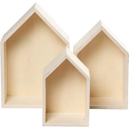 Boklådor, hus, H: 20,3+25,3+31 cm, B: 13+16,2+20 cm, djup 10 cm, plywood, 3 st