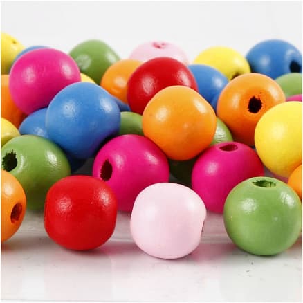 Träpärlemix, diam. 12 mm, hålstorlek 2,5-3 mm, Ass. färger, 500g, ca 800 st.