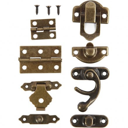 Minibeslag, stl. 16x19-21,5x31 mm, 15 set, antikguld