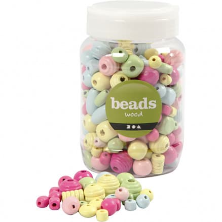 Träpärlor, diam. 10-15 mm, hålstorlek 3-5 mm, Ass. färger, 400ml, 175 g