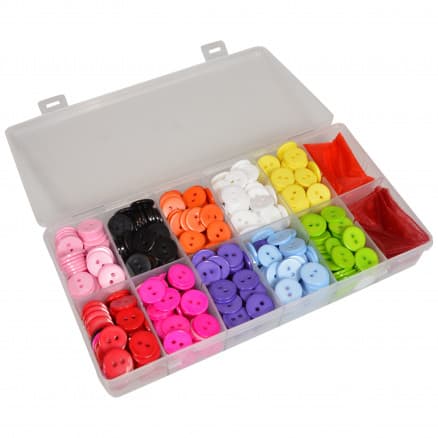 Infinity Hearts knappar i plastlåda Deluxe 2-håls runda plastknappar 10 Ass. färger 15mm - 750 st.
