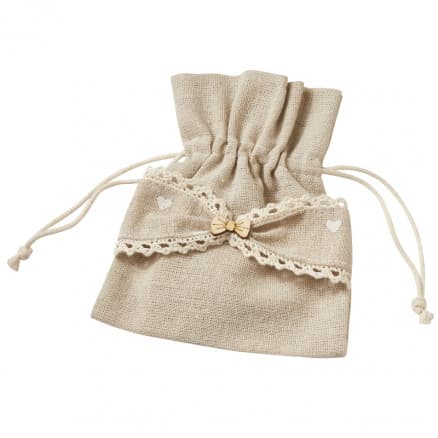 Linnepåse / Tygpåse Natur med spets och rosett 11x13cm - 3 st.