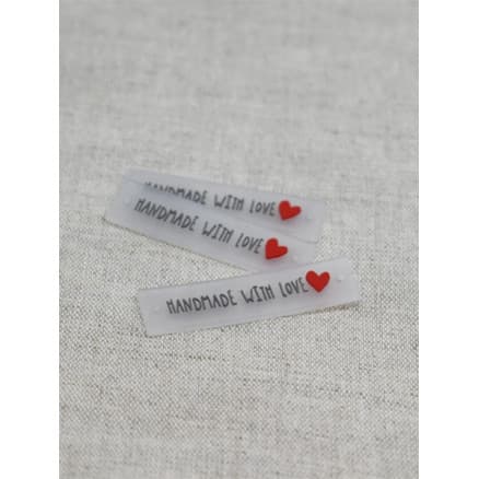 Label i Silikone Handmade with Love Transparent med Röd og Grå - 5 st.