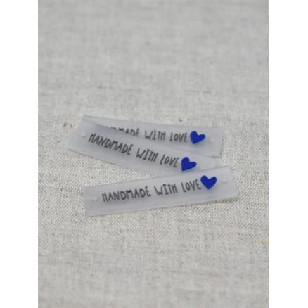 Label i Silikone Handmade with Love Transparent med Blå og Grå - 5 st.