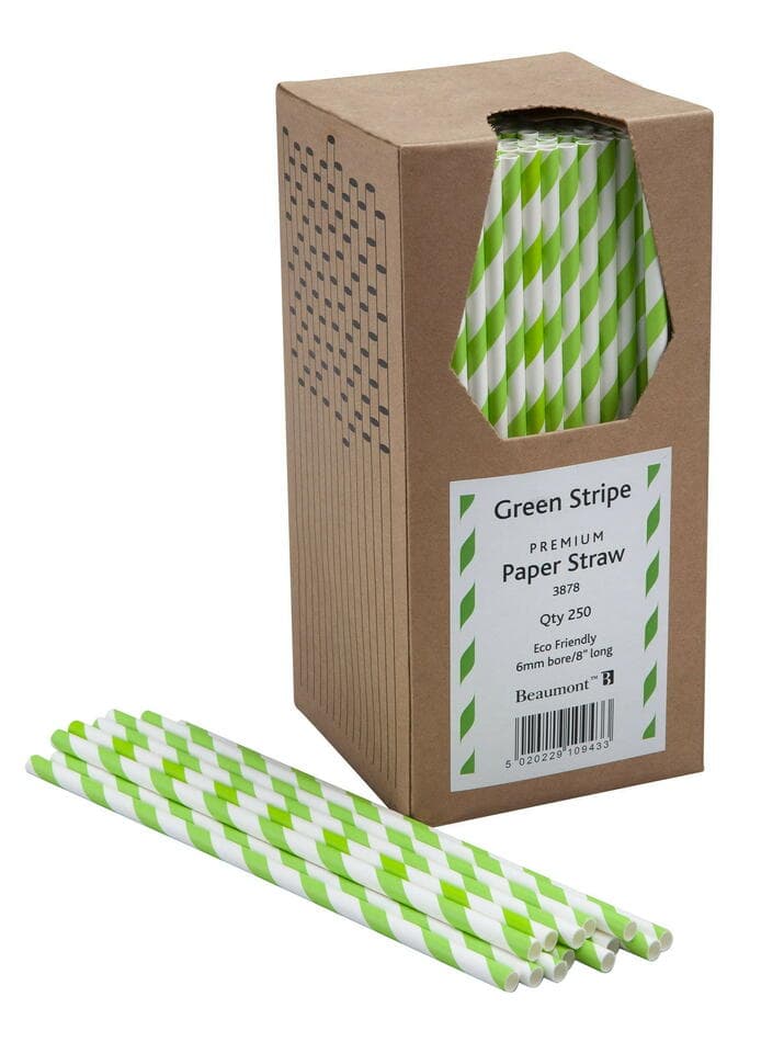 Papperssugrör 20cm 6mm - Grön & Vit Randig Pk 250