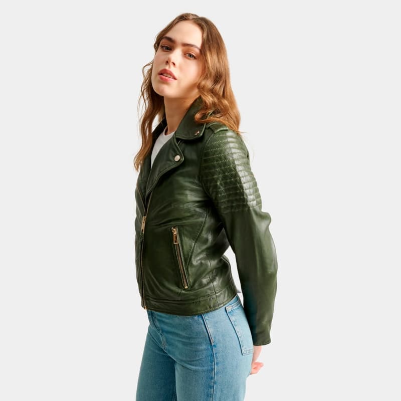 Cinnamon - Bikerjakke - Dame - Grøn skind - Rock and blue 44