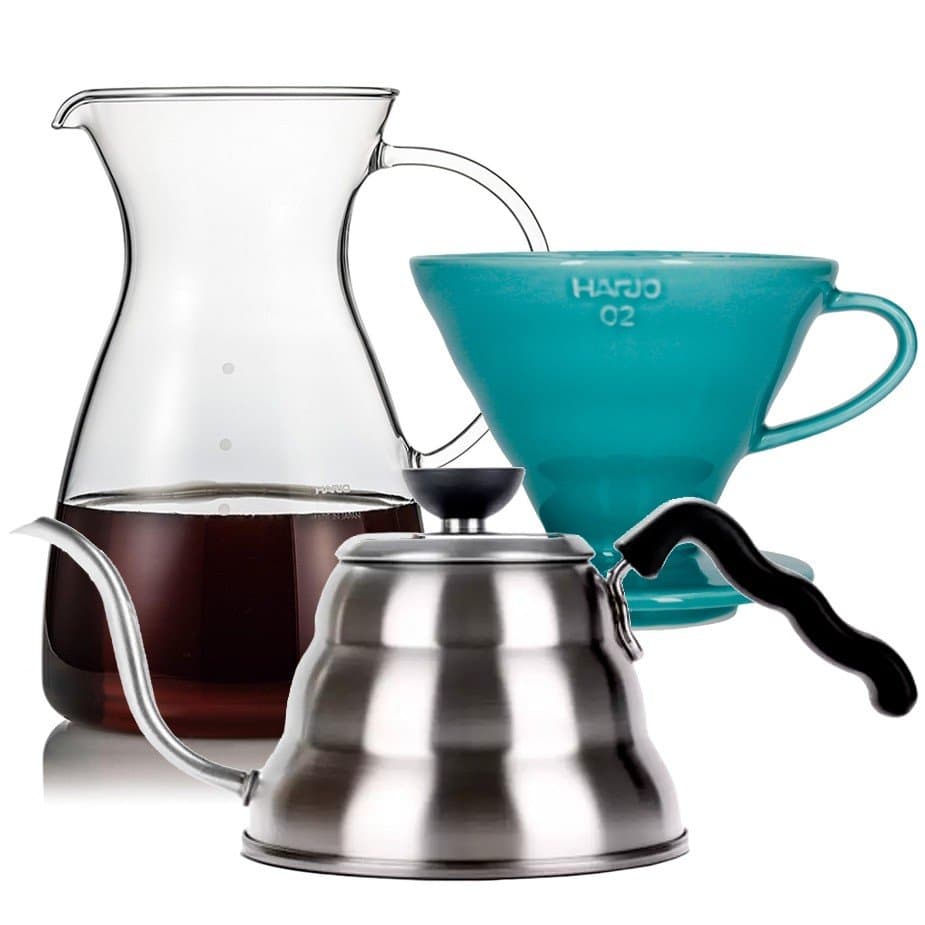 Hario filterbryggset inklusive V60-02 keramisk droppkopp för 2 koppar, glaskanna 0,4 l och vattenkokare