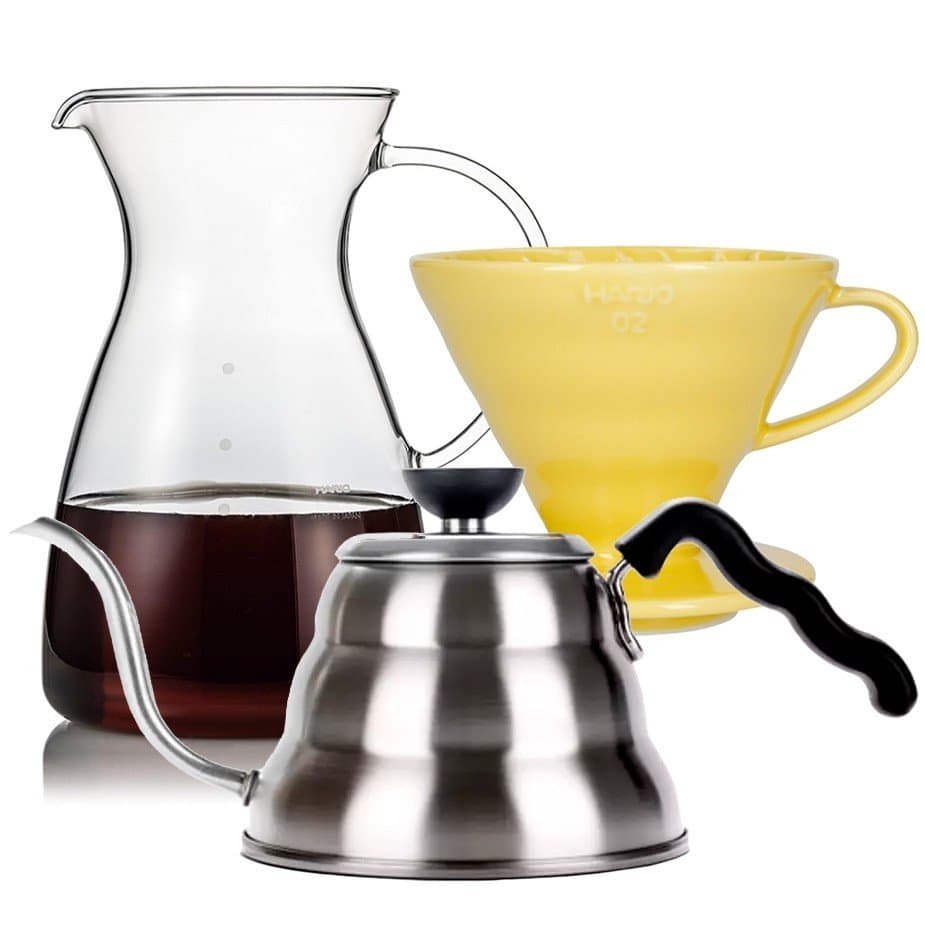 Hario filterbryggset inklusive V60-02 keramisk droppkopp för 2 koppar, glaskanna 0,4 l och vattenkokare