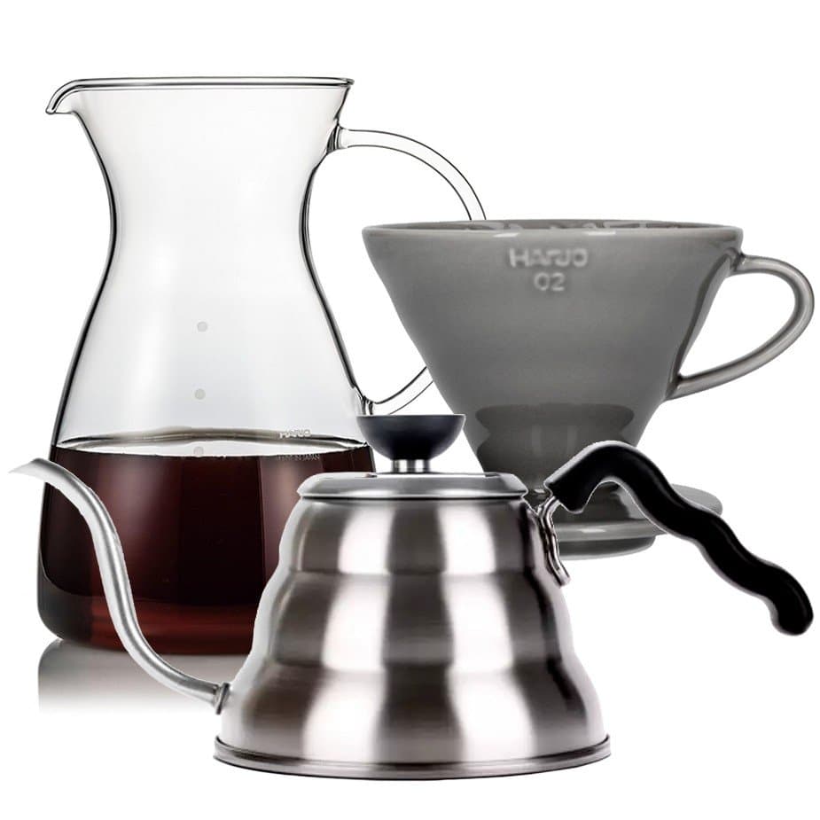 Hario filterbryggset inklusive V60-02 keramisk droppkopp för 2 koppar, glaskanna 0,4 l och vattenkokare