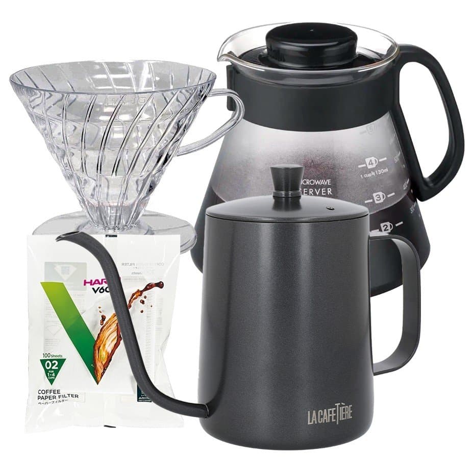 Hario filterbryggset inklusive svanhalsgryta, droppkopp för 2 koppar, V60-serveringsmaskin och filter