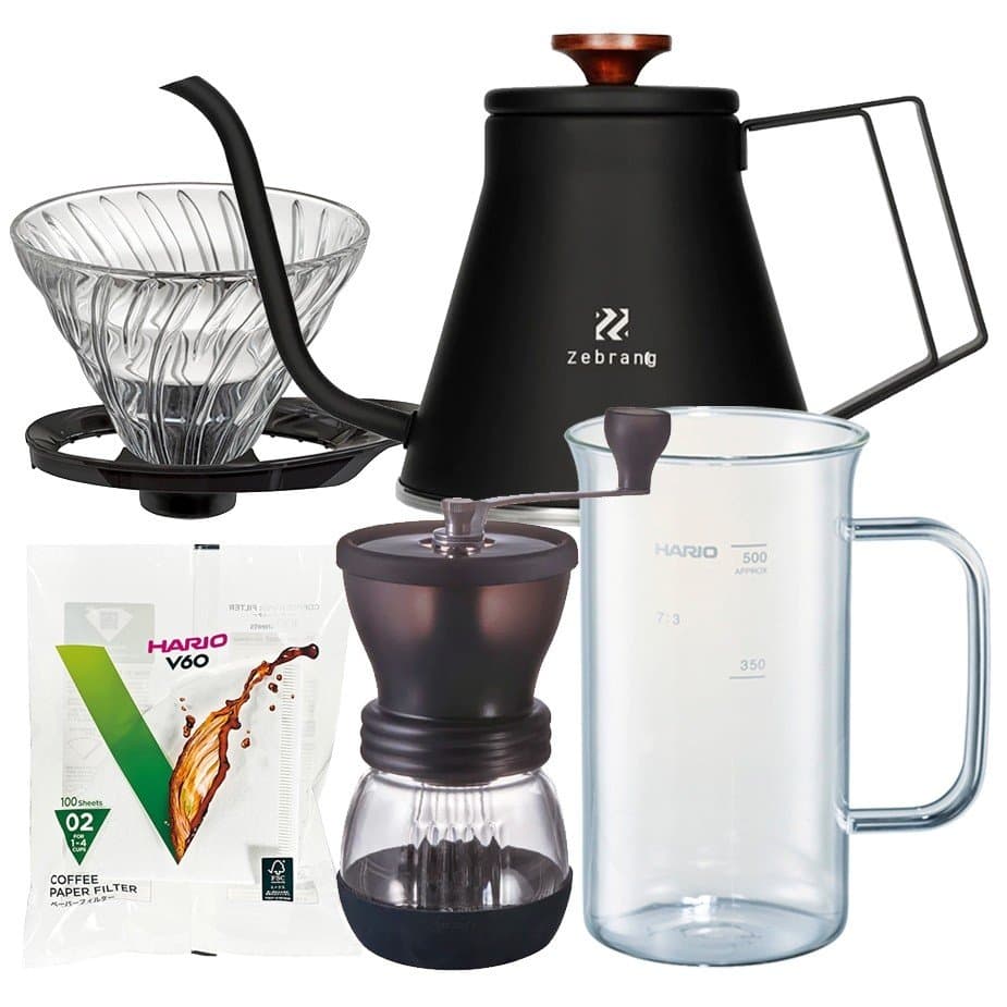 Hario filterbryggset inklusive svanhalsvattenkokare, droppkanna för 2 koppar, servering, kaffekvarn och filter
