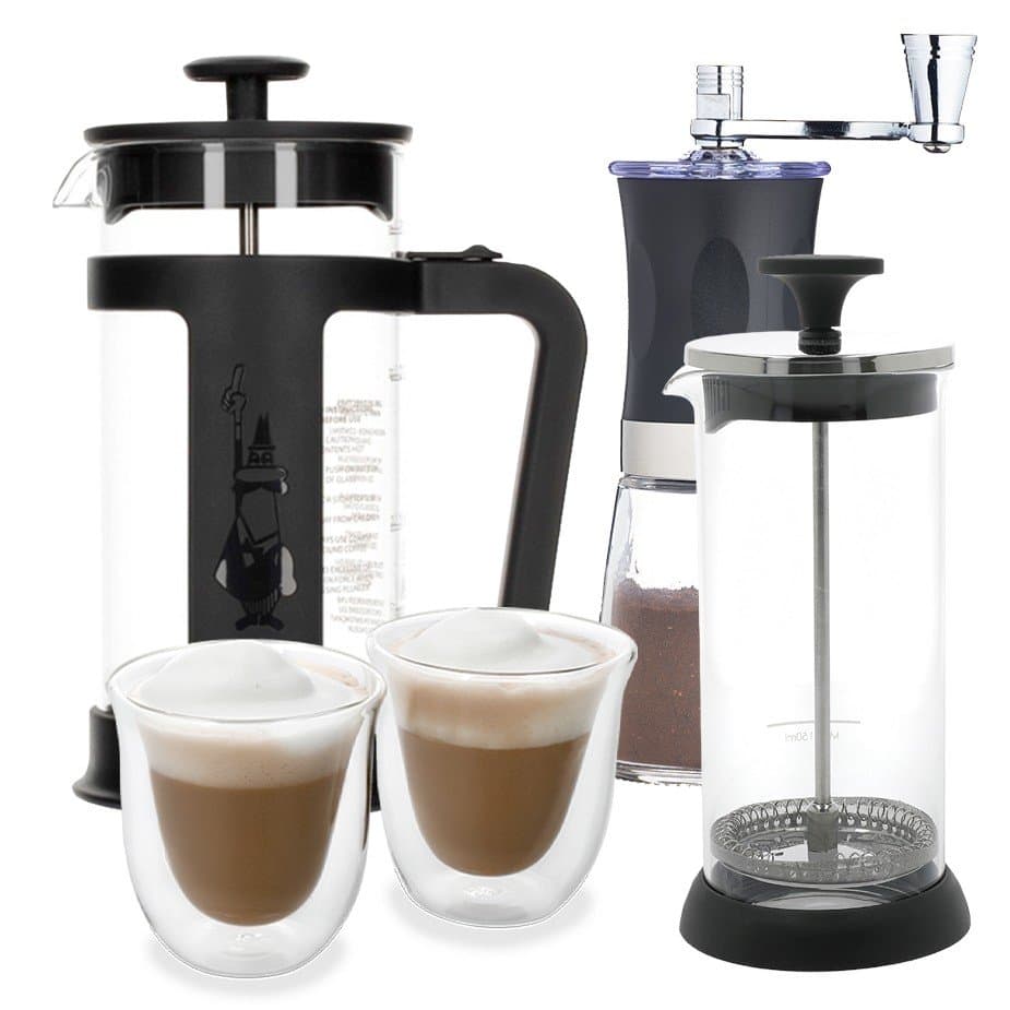 Bialetti Smart 3-kopps presskanna inkl. kaffekvarn, mjölkskummare och glas