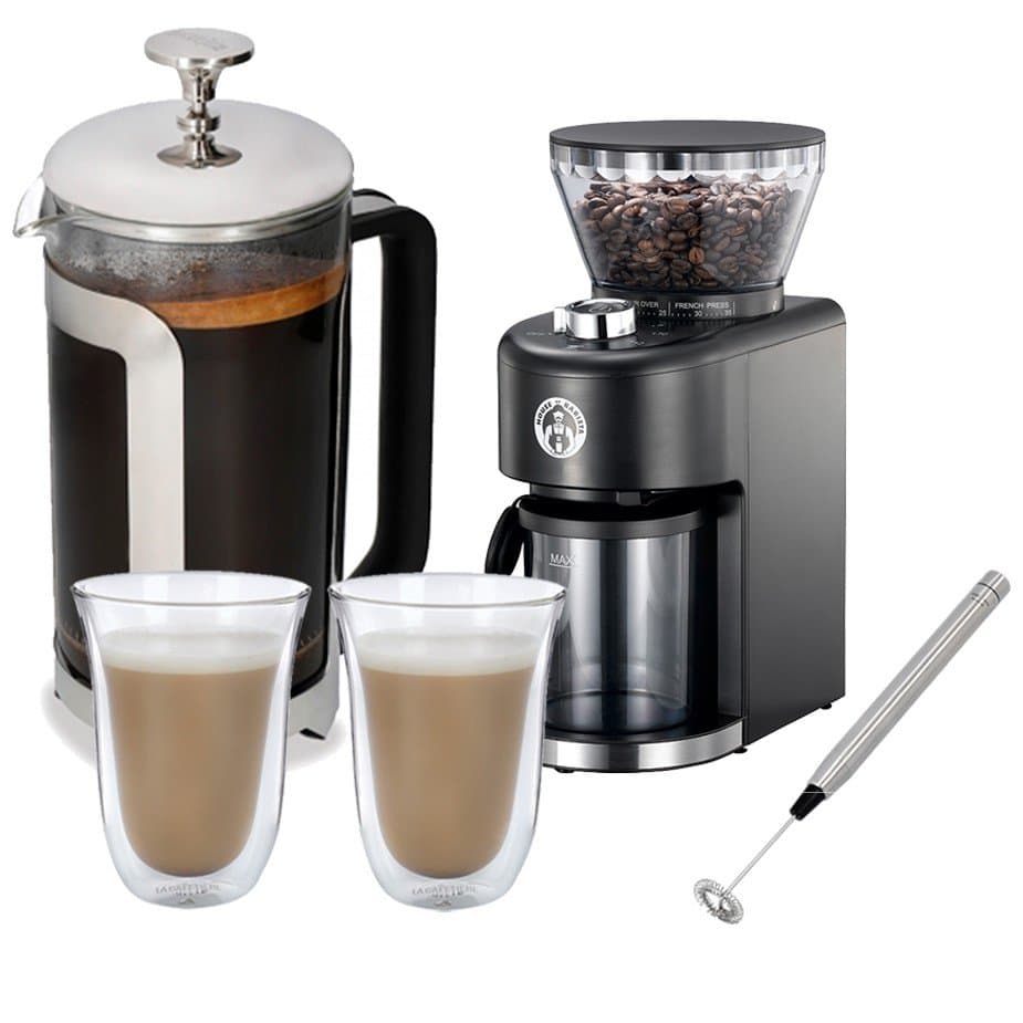La Cafetière Roma 8-koppars rostfri press, kaffekvarn, latteglas och mjölkskummare