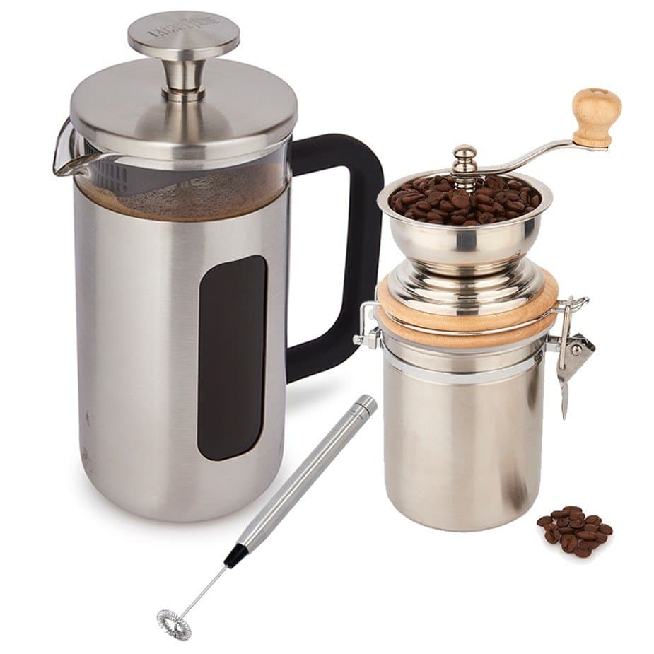 La Cafetière Pisa 8-koppars rostfri press, kaffekvarn och mjölkskummare