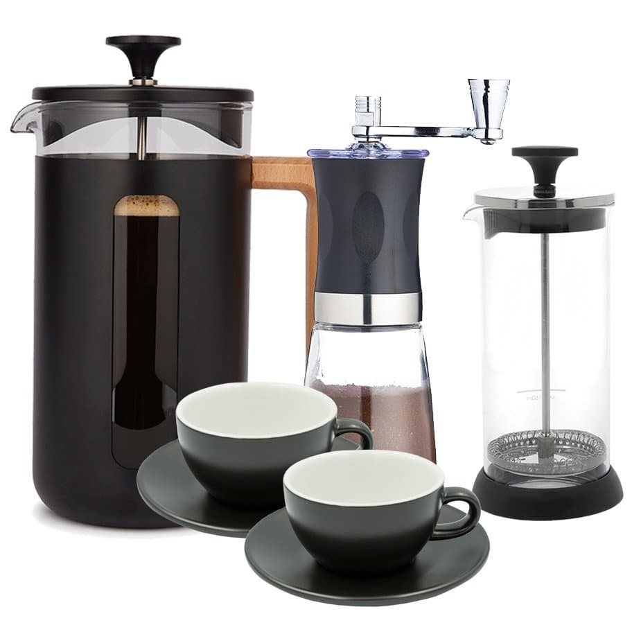 La Cafetière Pisa 3-koppars presskanna svart, kaffekvarn, mjölkskummare och Club House Tulipano cappuccinokoppar