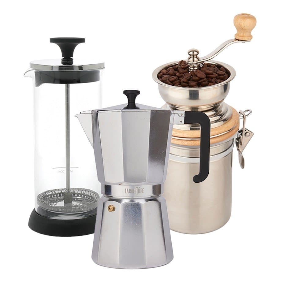 La Cafetière Venice 6 koppar Espresso Pot Steel Inkl. La Cafetière Manuell Kaffekvarn Stål & La Cafetière Mjölkskummare Glas/Sva