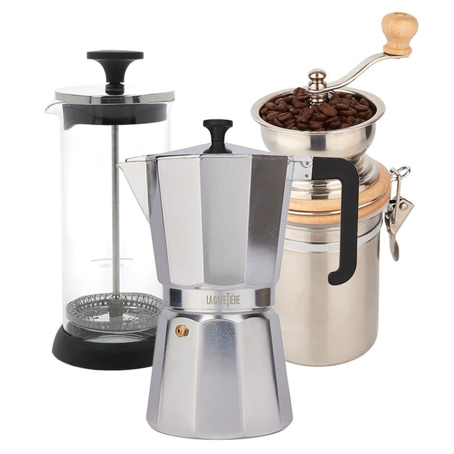 La Cafetière Venice 9 koppar Espresso Pot Steel Inkl. La Cafetière Manuell Kaffekvarn Stål & La Cafetière Mjölkskummare Glas/Sva