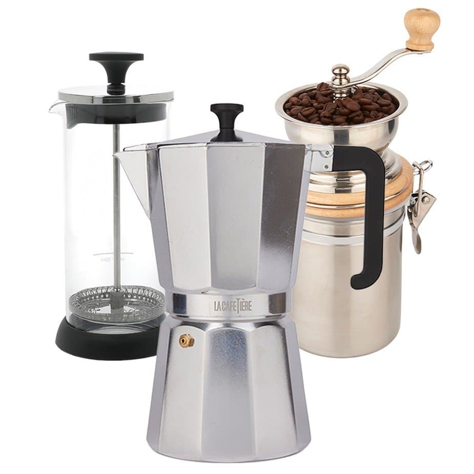 La Cafetière Venedig 12 koppar Espresso Pot Steel Inkl. La Cafetière Manuell Kaffekvarn Stål & La Cafetière Mjölkskummare Glas/S