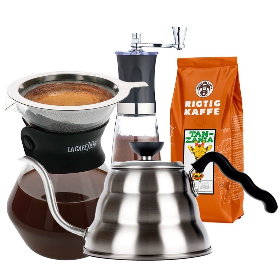 La Cafetière Pour Over 3 koppar, Hario V60 vattenkokare, manuell kaffekvarn och Rigtig Kaffe Tanzania nr 2 - 400 g hela kaffebön