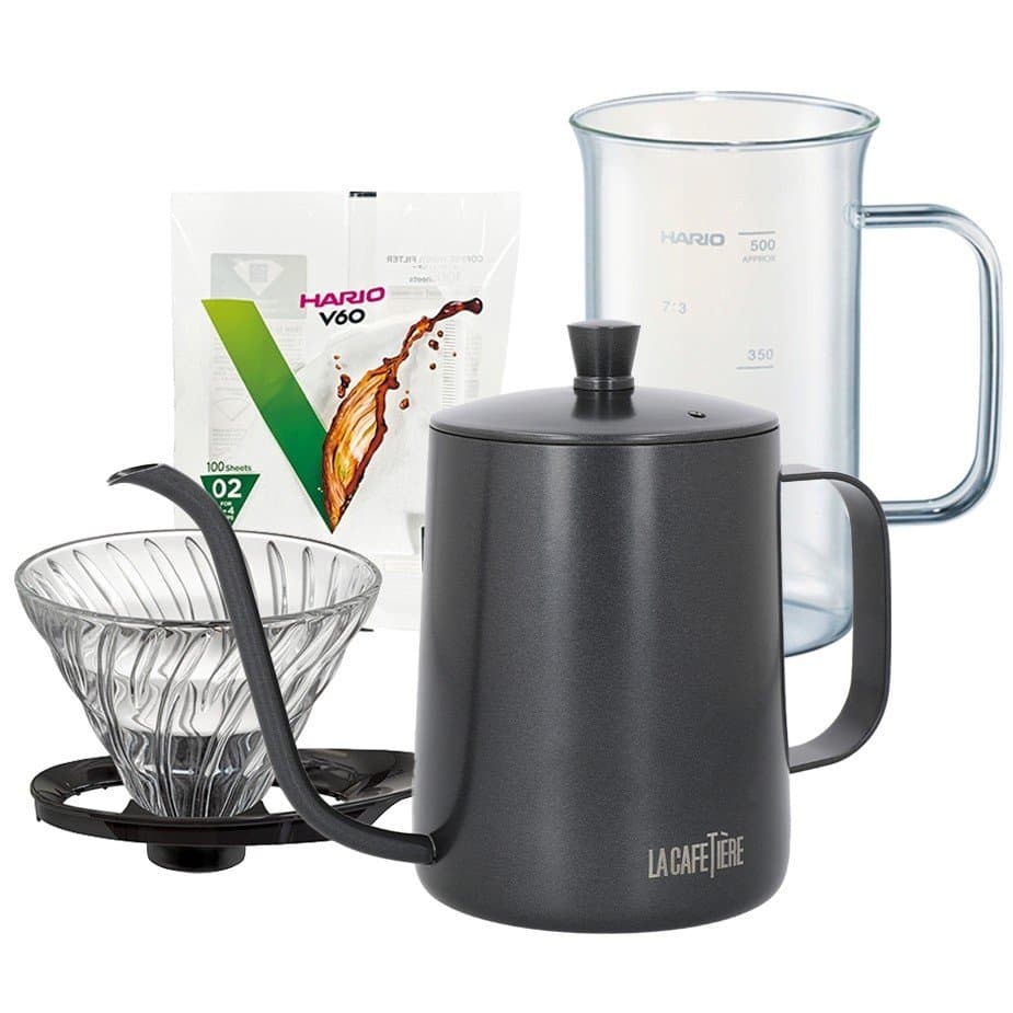 La Cafetière Gooseneck Kettle 0,6 L svart och Hario -glasdropptång, Craft Science-bägare och pappersfilter